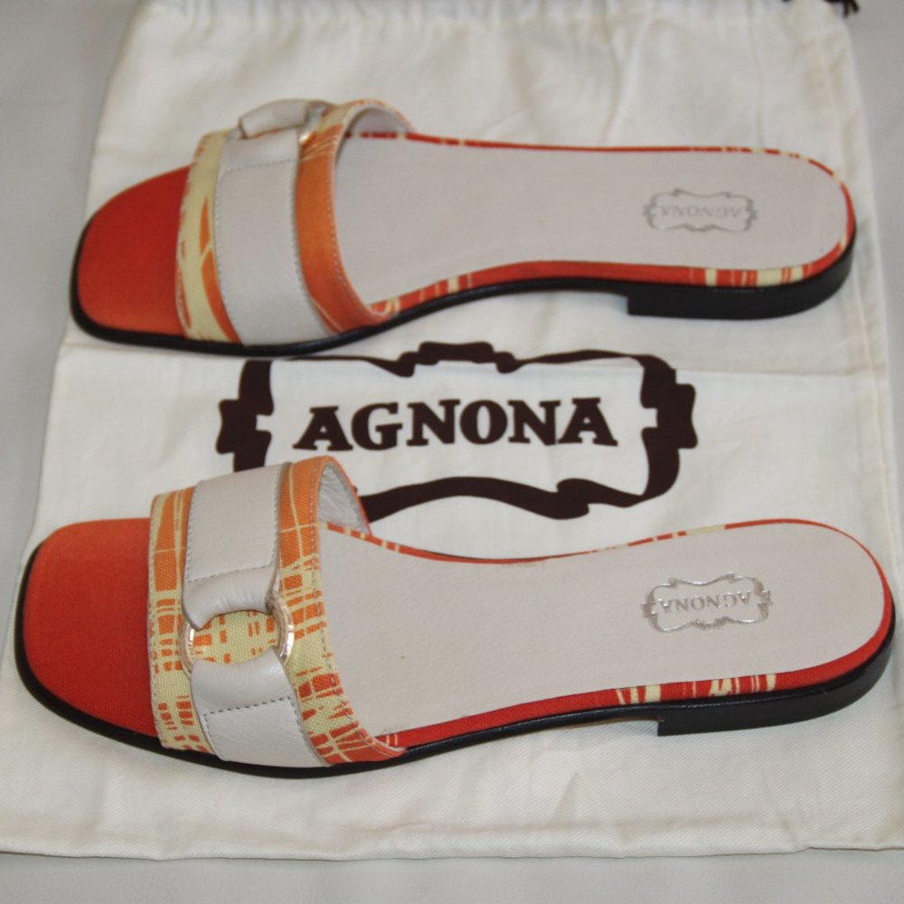 AGNONA Italy Fabulous Sandals Slides Flats Cream Leather Orange Canvas   EU 39